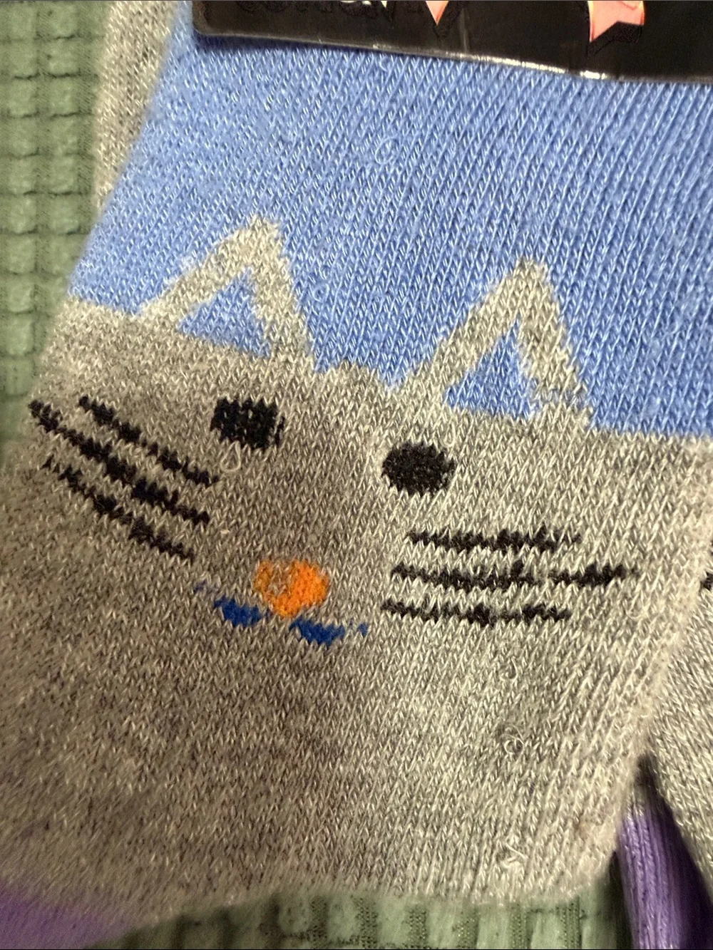 Source Unknown Blue and Gray Cat Face Cotton Socks